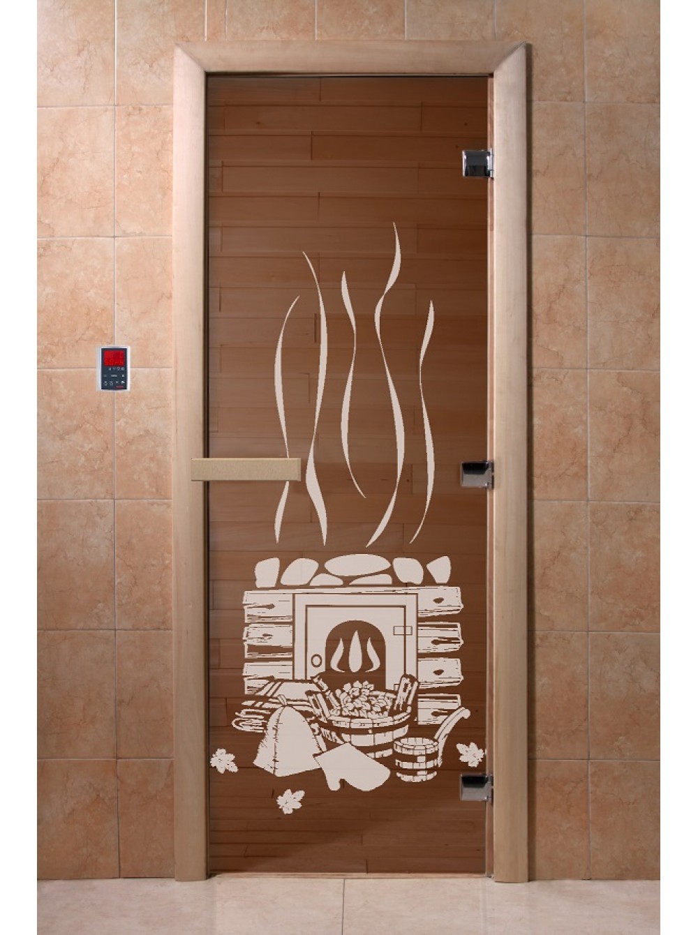 Дверь банная DW 700*2000 БРОНЗА (С рисунком) 8мм 3петли (ольха/береза)